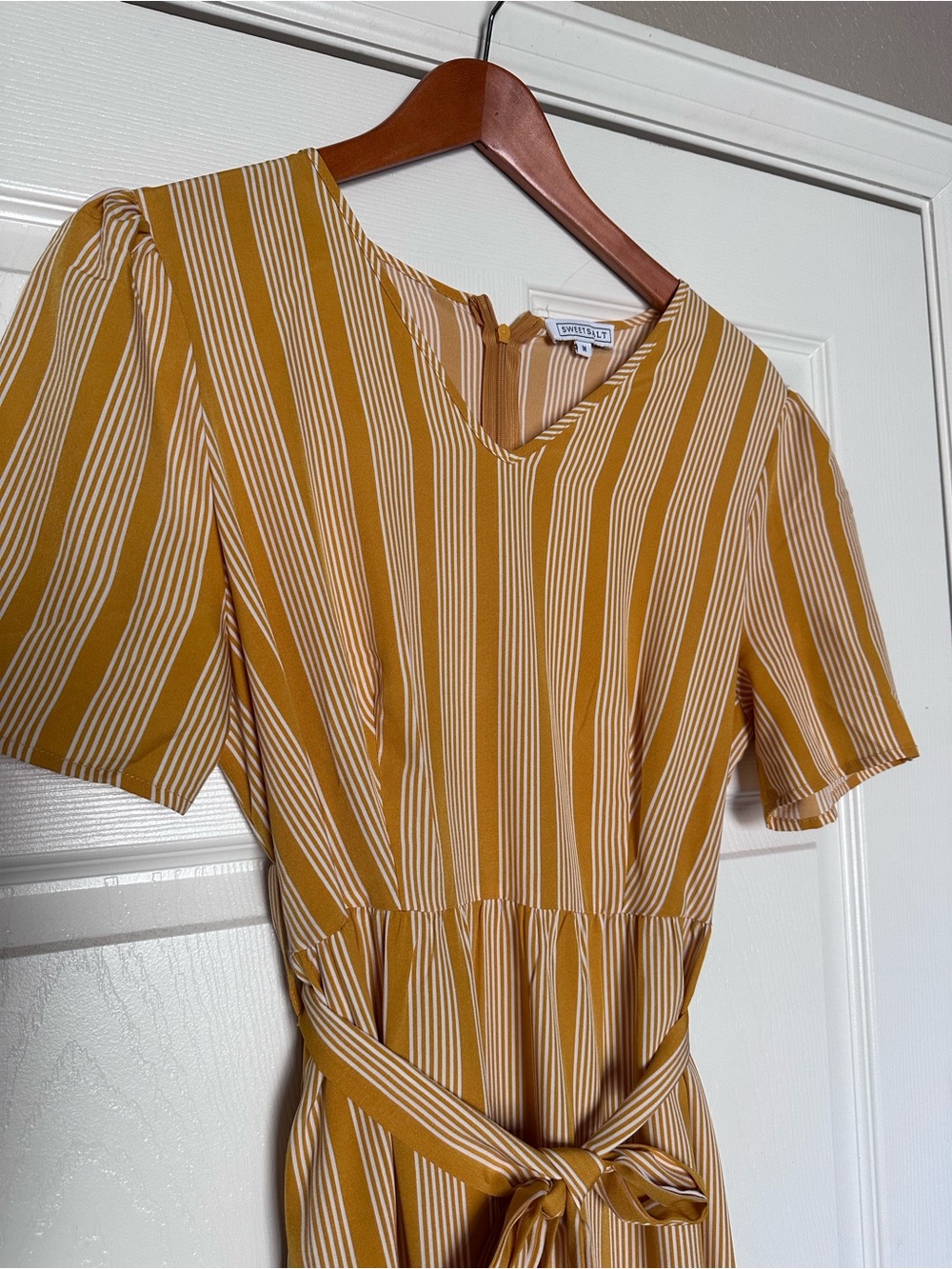 Mustard Striped Maxi Dress with Tie Waist